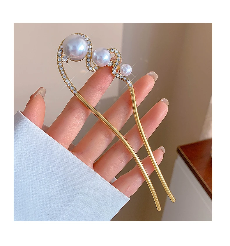 VANIKA Neue modische U-förmige Haarspangen aus Metall, elegante Perlen-Pferdeschwanz-Haarnadeln für Damen, schlichte Haarspangen, Kopfschmuck, Haaraccessoires – Detail 7