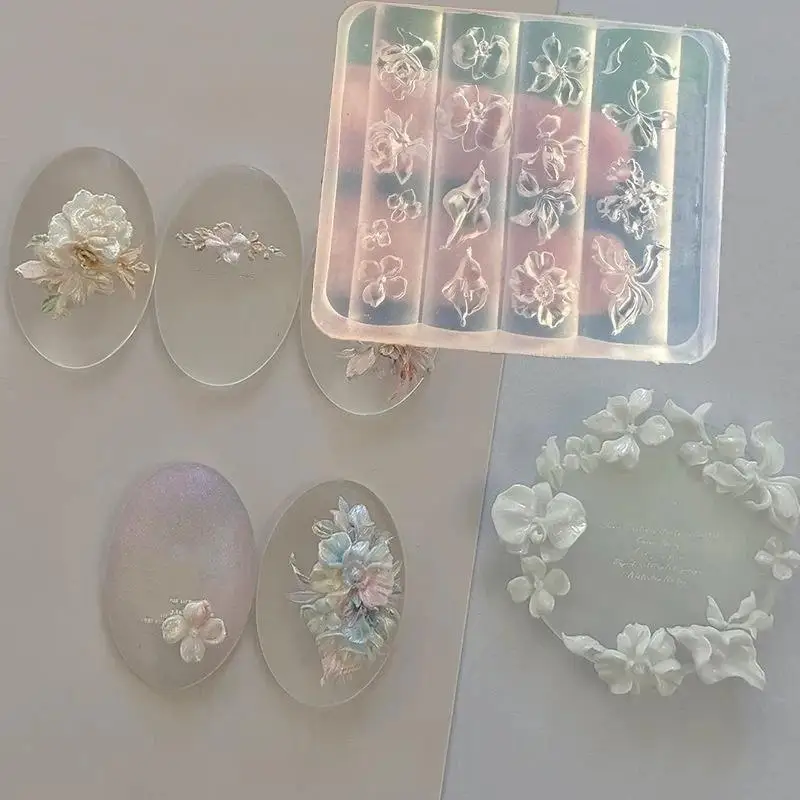 3D Flower Nail Silicone Mold Hand Carved Embossed Floral Mould Soft Flexible for DIY Nail Art Resin Keychain Jewelry Making