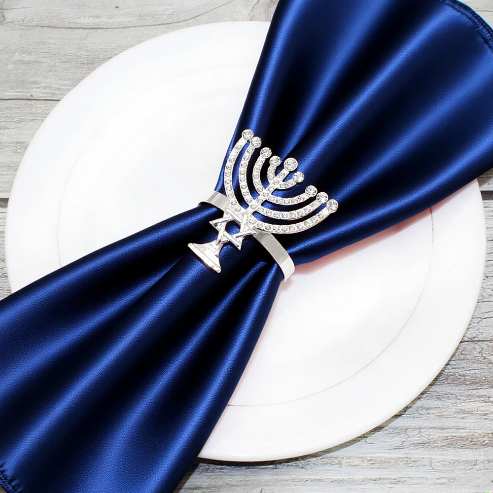 6/8Pcs Hanukkah Napkin Rings Gold Silver Crystal Candlestick Chanukah Napkin Holder for Menorah Jewish Party Dinning Table Decor