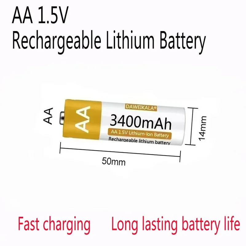 New Lithium-ion 1.5V AA Battery 3400mAh Rechargeable Battery AA for remote control mouse fan Alarm clock with USB charger