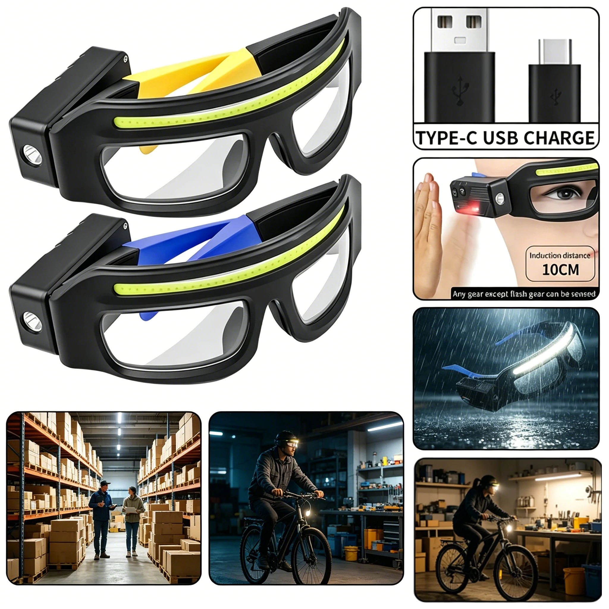 

2026 New Safety Glasses IPX4 Waterproof COB Headlight Type-C Rechargeable Work Light Double Light Source Protective Eyewear