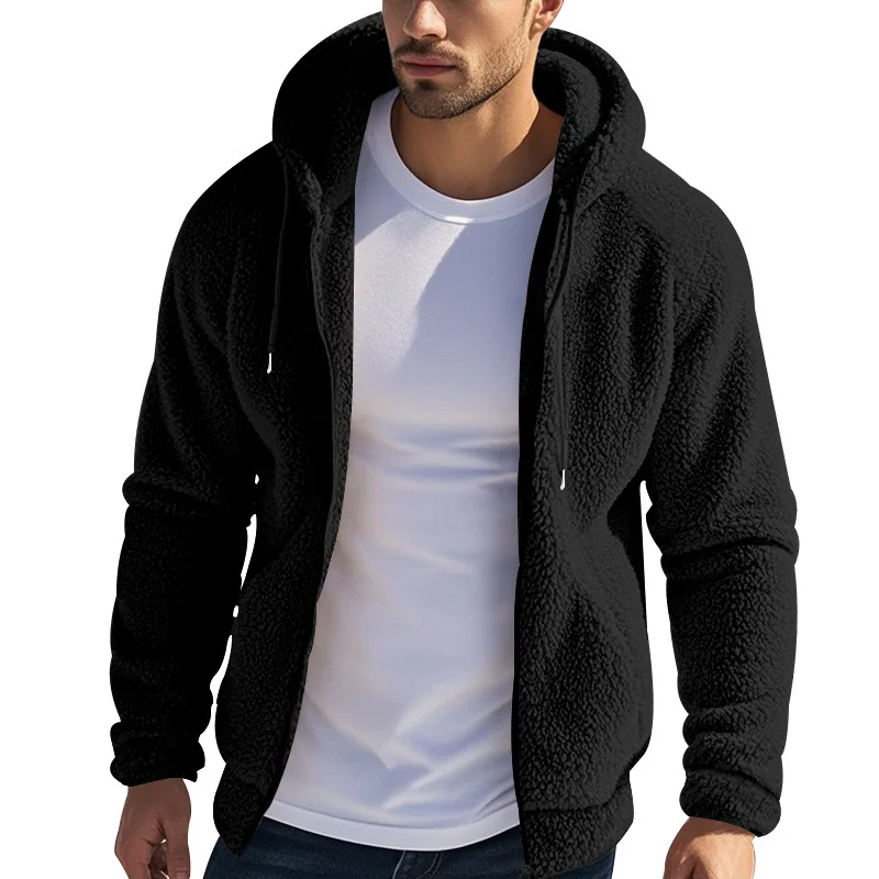 American Winter Men's Thickened Warm Double-Sided Fleece Coat Loose Zip Cardigan Casual Hooded Jacket