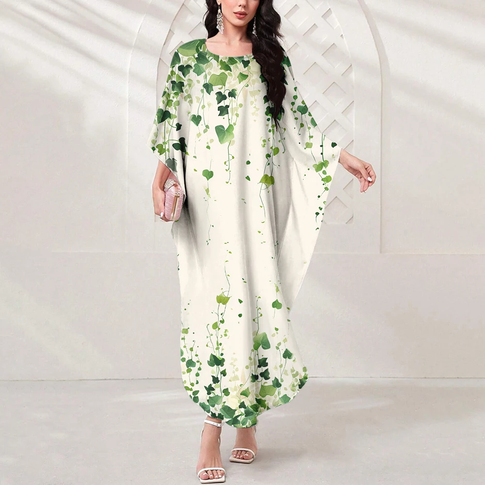 

2024 New Dubai Muslim Islamic Elegant Dress Feminine Ethos Leaf Print Muslim Party Dress Summer Bat-Sleeved Gilbab Loose Robe