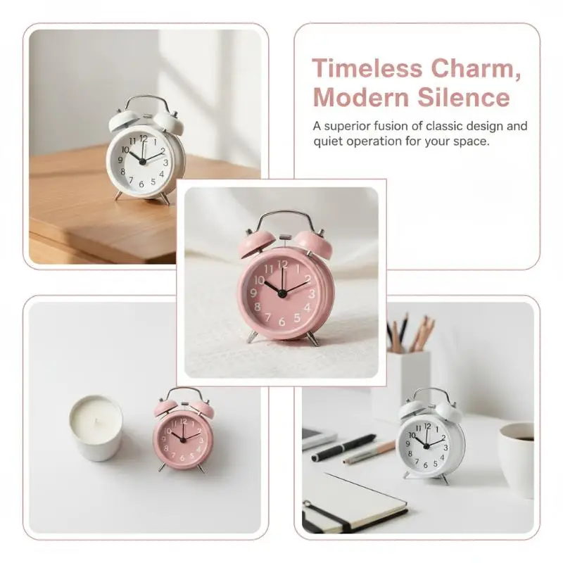 Mini Retro Twin Bell Alarm Clock Battery Powered Loud Wake Up Timer Portable Small Desktop Ornament for Travel Student Dorm Use