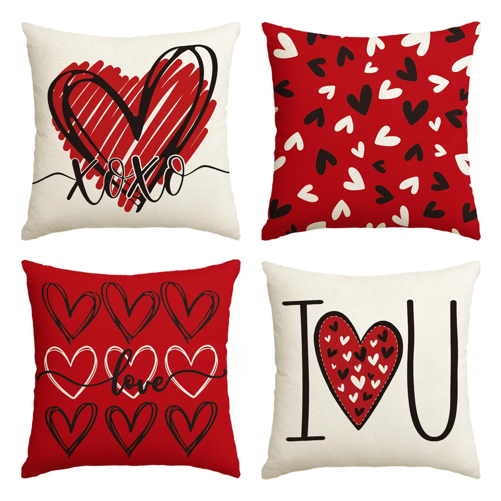 

I Love U Valentine Hearts Throw Pillow Covers, Love Wedding Cushion Case Decoration for Sofa Couch, Set of 4