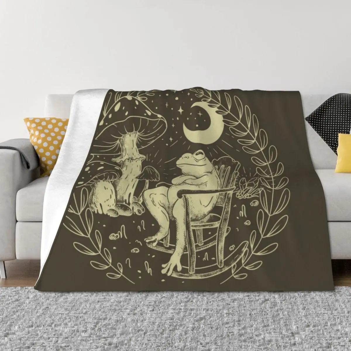 

Goblincore Aesthetic Cottagecore Frog Chilling - Khaki - waiting for mushrooms to grow - Mycology Fungi Shrooms Fo Throw Blanket