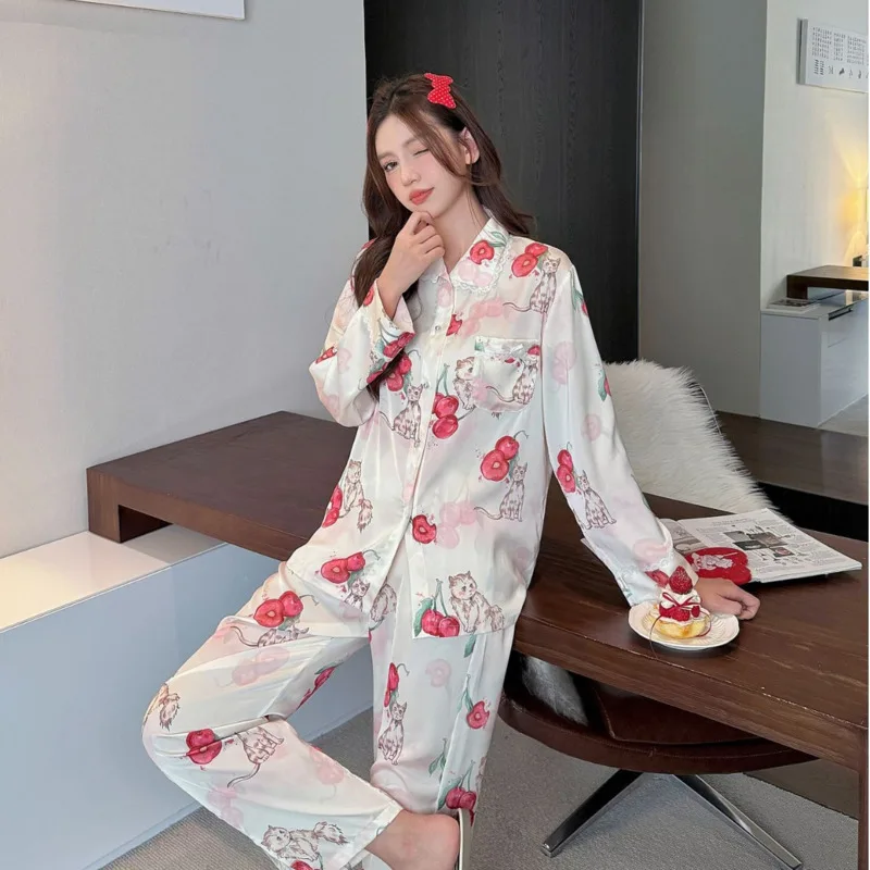 2026 Spring Summer New Cute Cartoon Pajamas Women Long Sleeve Pants Ice Silk Cherry Cat 2piece Set Homewear Nightgown Sleepwear