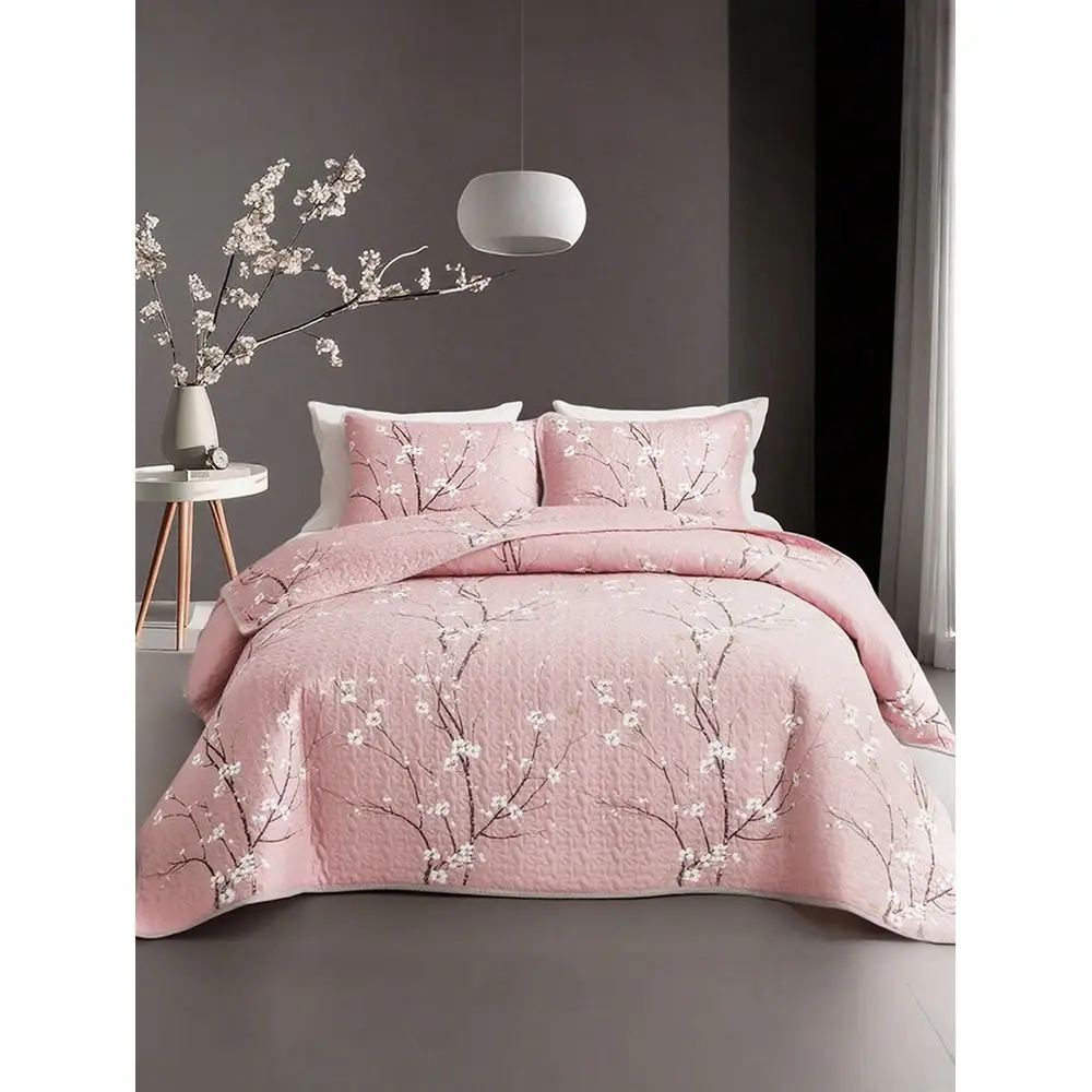 3PCS Multicolour Tree Branch Plum Blossom Quilted Quilt, 1pc Quilted Quilt 1 2 Pcs Pillowcases, Soft Breathable Comfortable Por