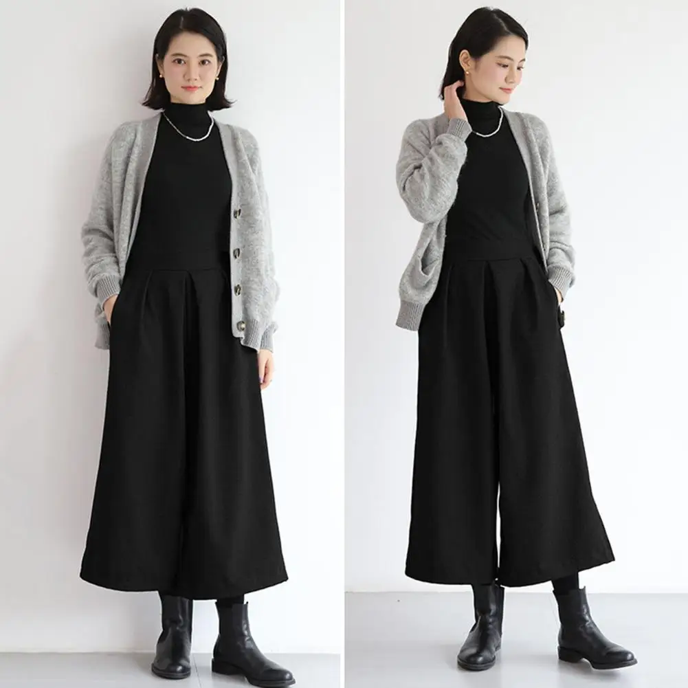 Woolen Loose Wide Leg Pants Skirts A-line Profile Pleated Trousers Winter Autumn Small Cropped Pant Fashion Office Lady Culottes