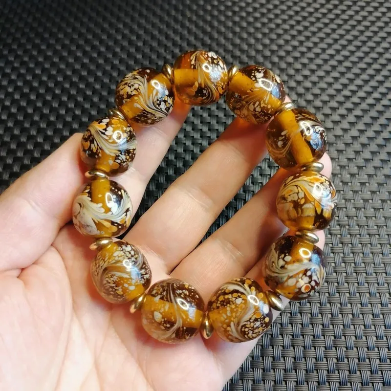 Antique Vintage Champagne Gold Pattern Glass Bead Bracelet Jewelry