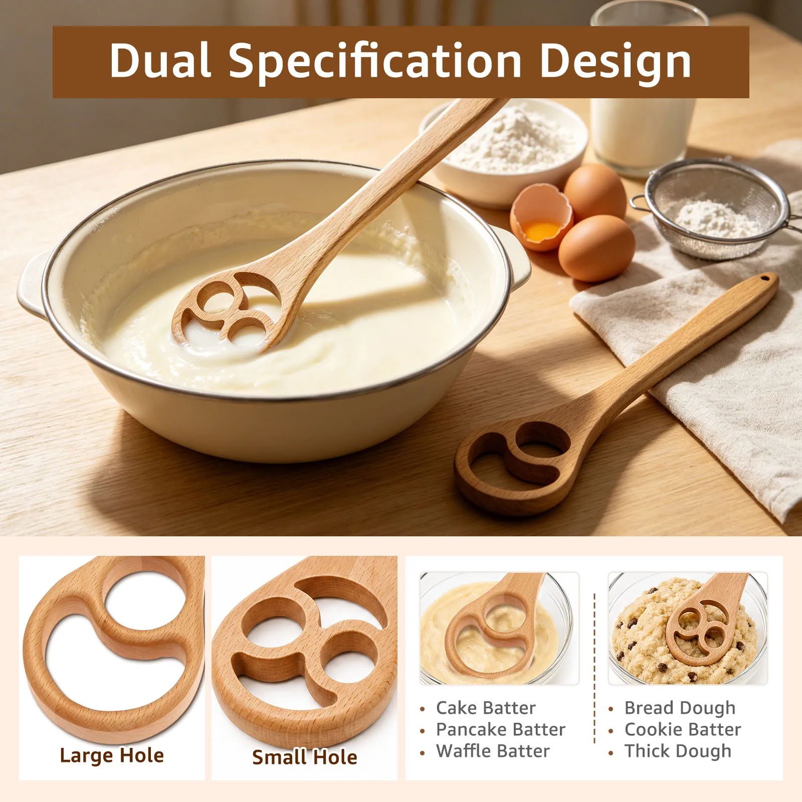 2 Pcs Wooden Dough Whisk Mixing Spoons Set Long Handle Dough Stirrer Sourdough Mixing Tools for Bread Cake Cookie Baking Cooking