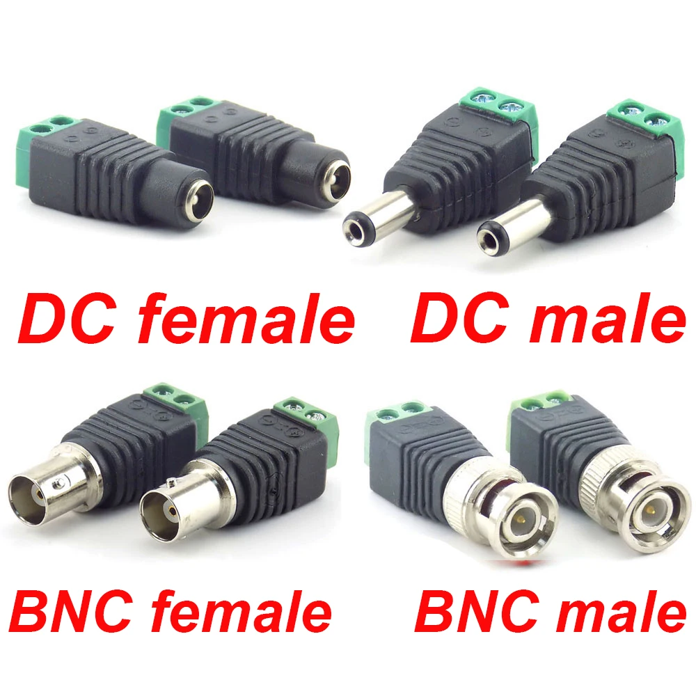 10pcs 12V 2.1*5.5mm DC BNC Male Female Adapter Coax CAT5 Video Balun Plug Connector for Led Strip Lights Camera Accessories C1