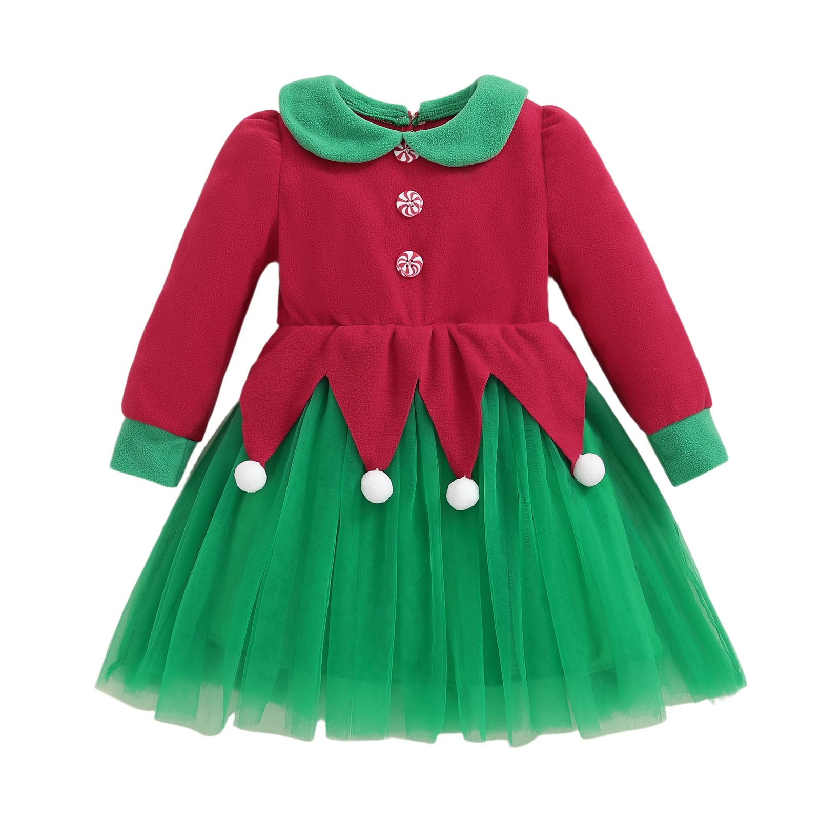 3-10Y Girl Christmas Elf Dress Red Green Long Sleeve Doll Collar Tulle Dress with Decorative Buttons Xmas Costume Cosplay