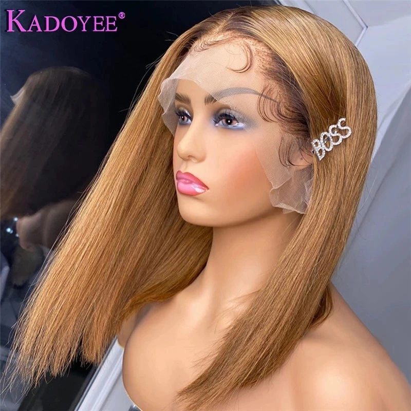 1B27 Ombre Human Hair Wig Medium Length Blunt Cut Lace Front Wigs For Women Colored Straight T Part Lace Wig Brazilian Remy 180%