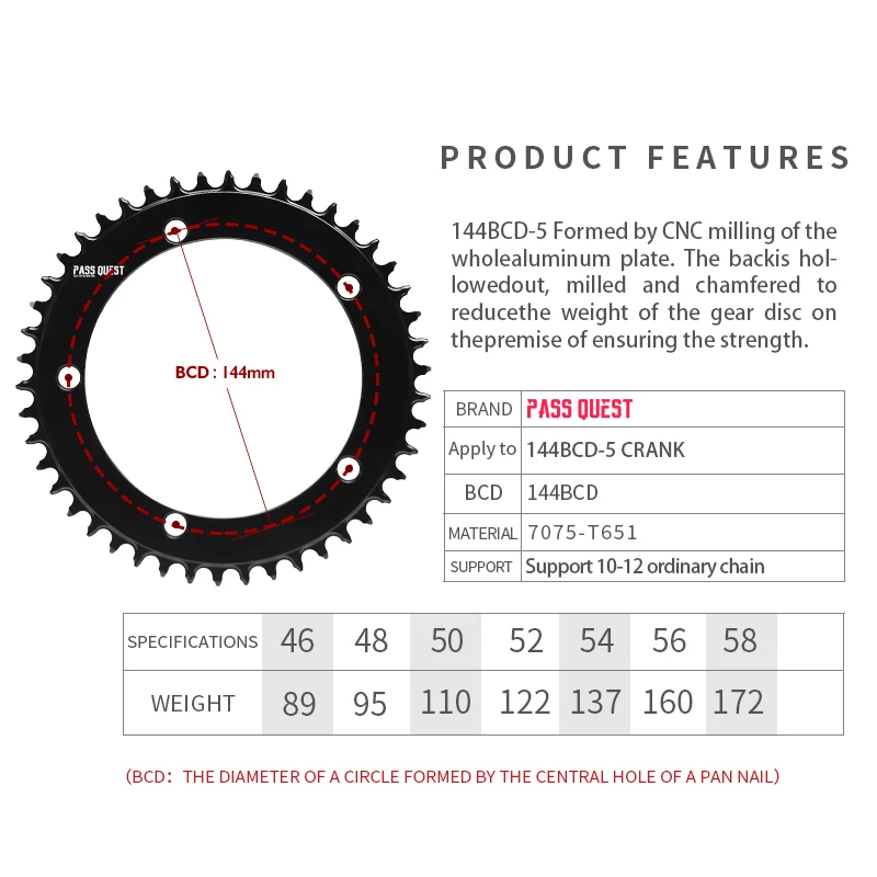 PASS QUEST 144BCD Positive and Negative Teeth Fixed Gear Round Chain Ring Track 4MM Thick Bike Chainwheel 46-58T Bike Parts