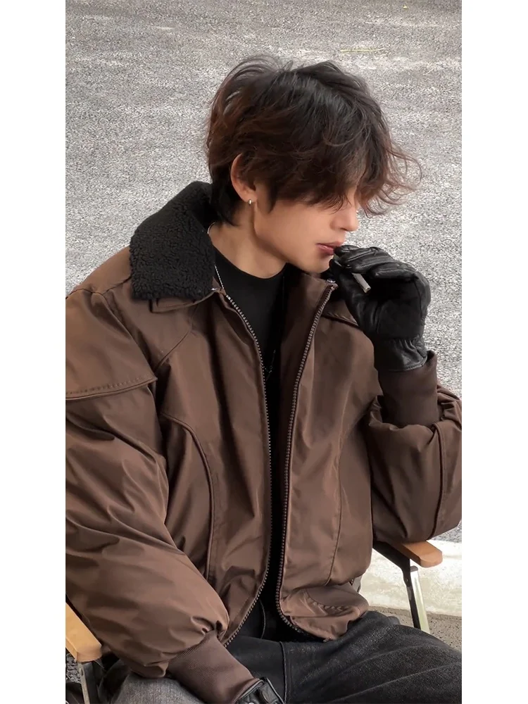 

Brown Lamb Fur Collar ort Thiened Winter Jaet for Men Cotton Bomber Jaet Warm Youth Casual Stand Fit Zipper Closure