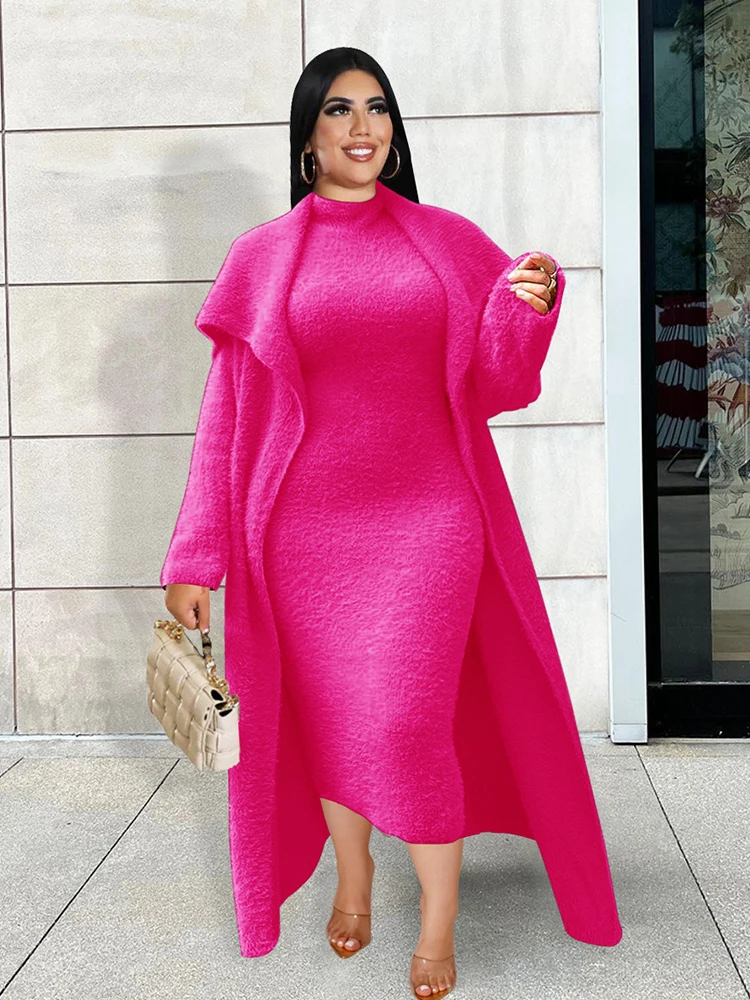 Plus Size Women Clothing Winter Outwear Long Sleeve Thick Overcoat with Dress Two Piece Ladies Large Matching Sets Fleece Suit