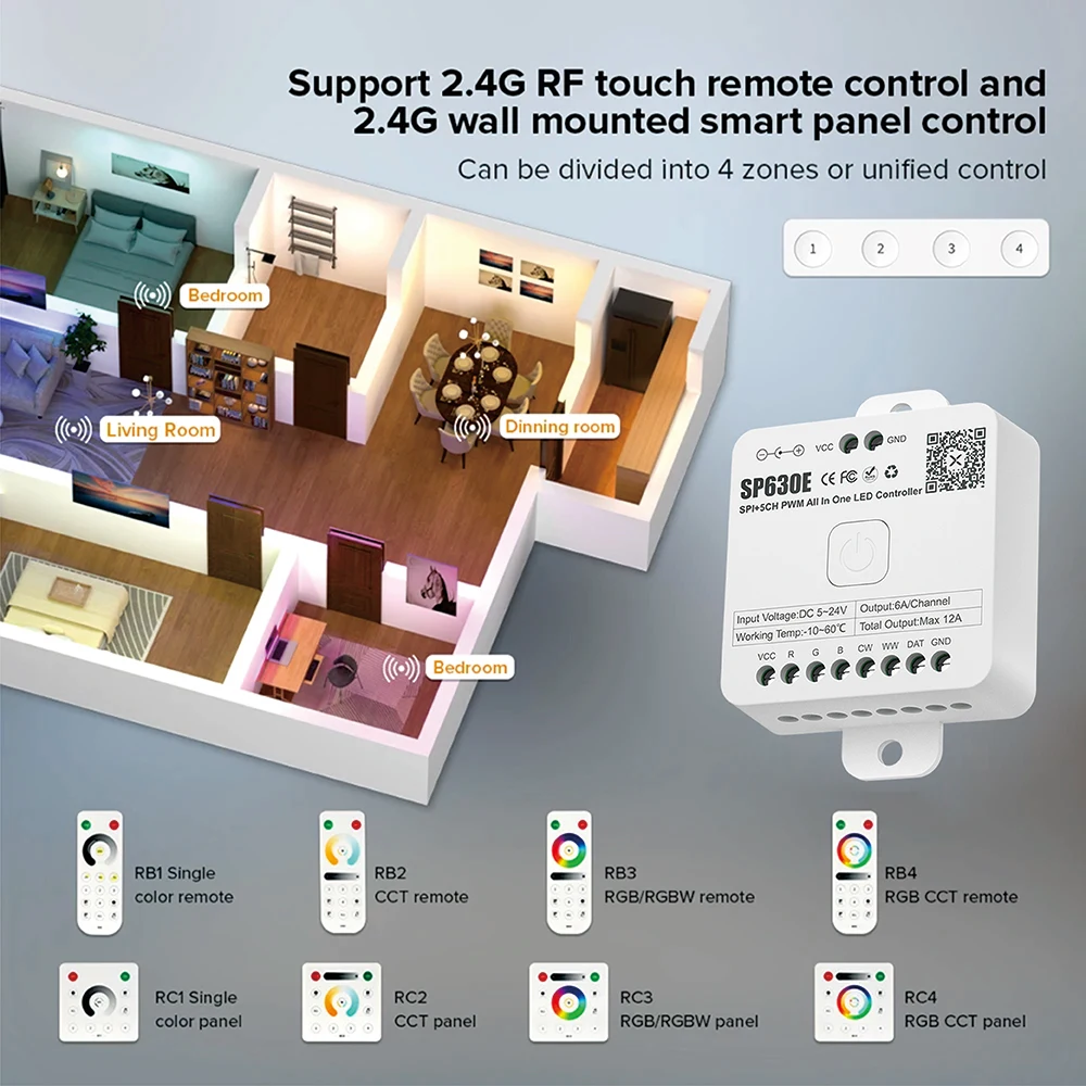SP63XE コントローラー LED Bluetooth 音楽アプリ機能 630 SPI/PWM シングルカラー RGBCCT ドライバー 2.4G Bluetooth アプリ制御対応