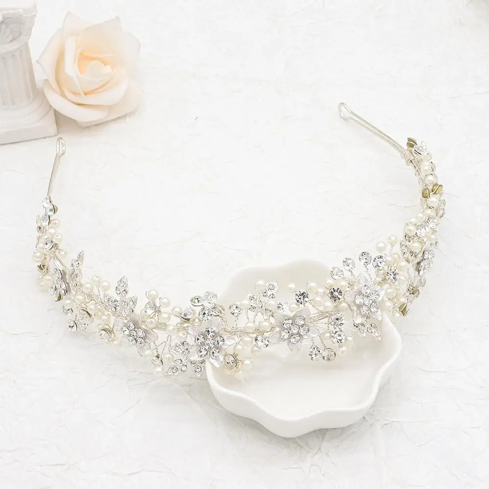 

Wedding Headbands Bridal Pearl and Crystal Floral Hair Accessories Bridal Headpieces For Bride Women Party Prom (Silver, 18'')
