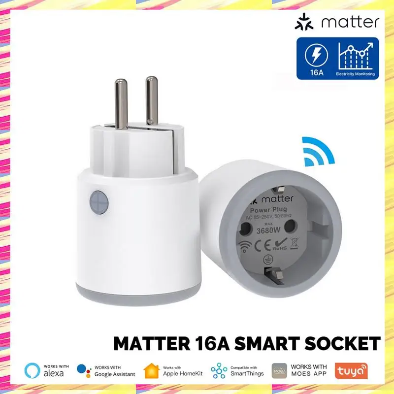 

ABJJ 2-компонентная умная розетка Matter Wi-Fi с функцией монитора энергии работает с для Homekit Google Home Alexa 16A ABS EU Plug