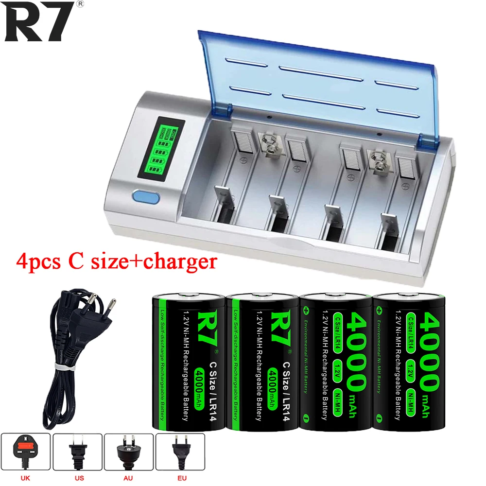 R7 C Cell Battery R14 C Size Rechargeable Battery 1.2V NI-MH 4000mAh+Intelligent Fast Charge LCD Charger for AA AAA C D 9V