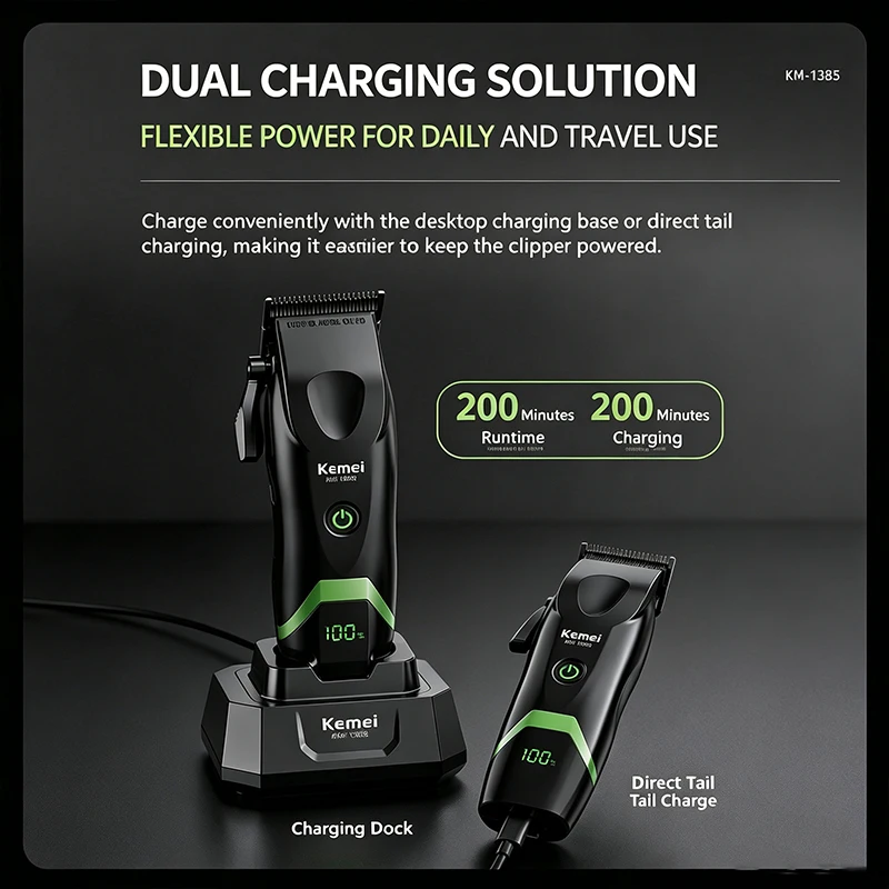 KEMEI KM-1386 Hair Clipper 8000RPM DLC Blade with Base Charger LED Display 2000mAh Professional Hair Cutting Machine Trimmer