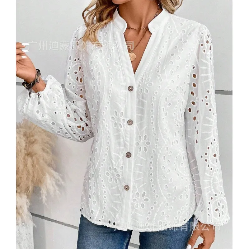 2024 Spring/Summer Fashion Casual Shirt Women\'s White Splicing Hollow Embroidery Loose Stand up Collar Long Sleeve Shirt Women\'s