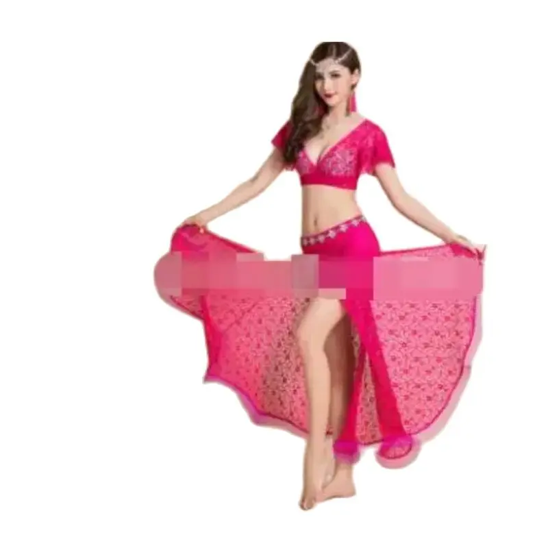 

1set/lot woman lace belly dancing set sexy top and split skirt performance costumes 4colors