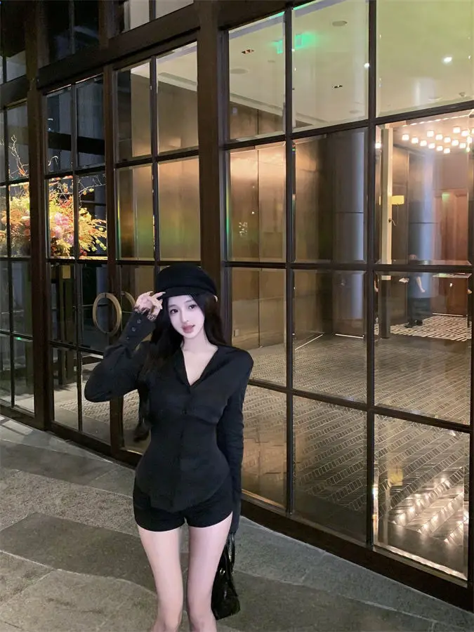 Backless Lace Youthful Fashion Black Long Sleeve Shirt Women V Neck Patchwork Elegant Basic Blouse Lady Office Casual White Top