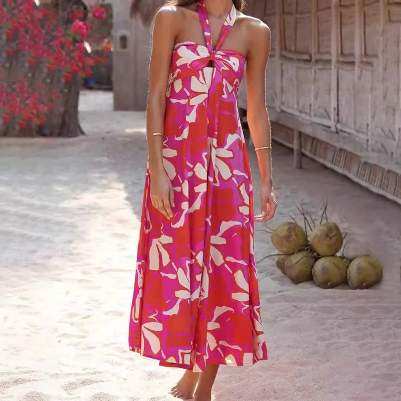 

2024 New Women's Casual Floral Print Dress Hollow Lace Hanging Neck Strapless Mid Length Robe Holiday Style