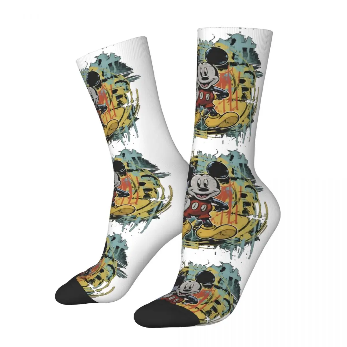 FunnyMickey Graffity Sock for Men Hip Hop Harajuku Disney Mickey Mouse Happy Seamless Pattern Printed Boys Crew Sock Casual Gift