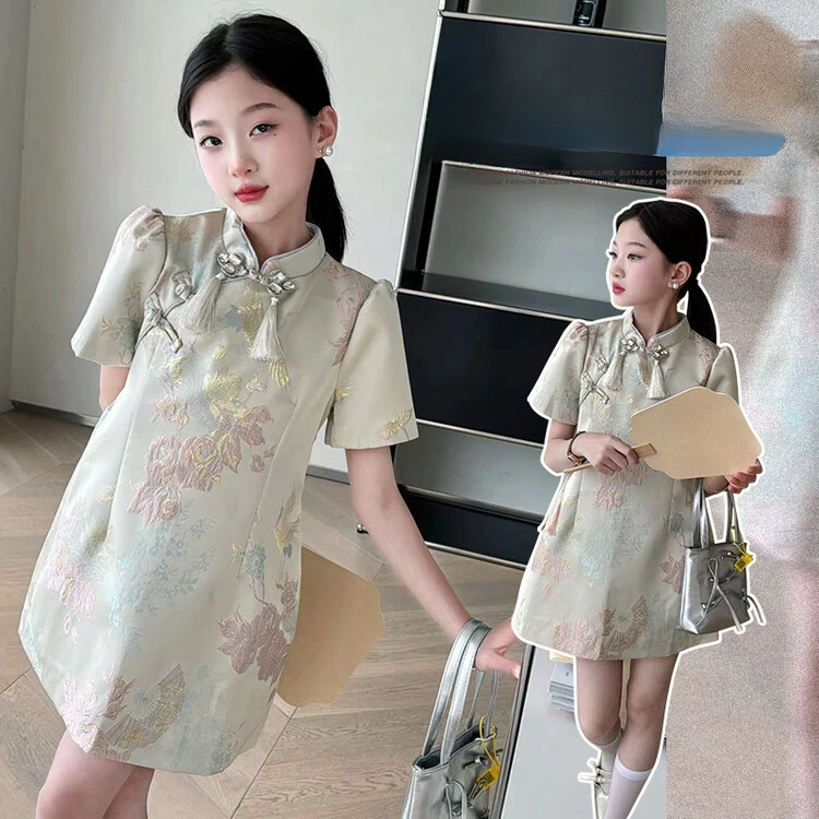 

New Chinese style improved girl's qipao skirt 2024 spring/summer new girl embroidery Confucian dress Hanfu dress student