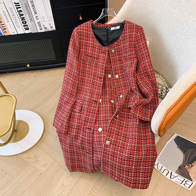 Loose plus size coarse tweed 2-pcs set, red checkered long jacket+sleeveless dress, autumn/winter small fragrance style set