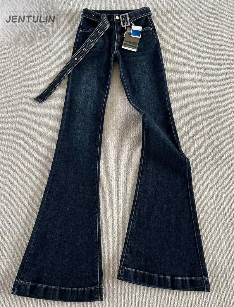 Retro Women Y2K Bell Bottom Jeans High Waist Flared Denim Pants With Strap Belt Slim Stretch Wide Leg Streetwear Trousers