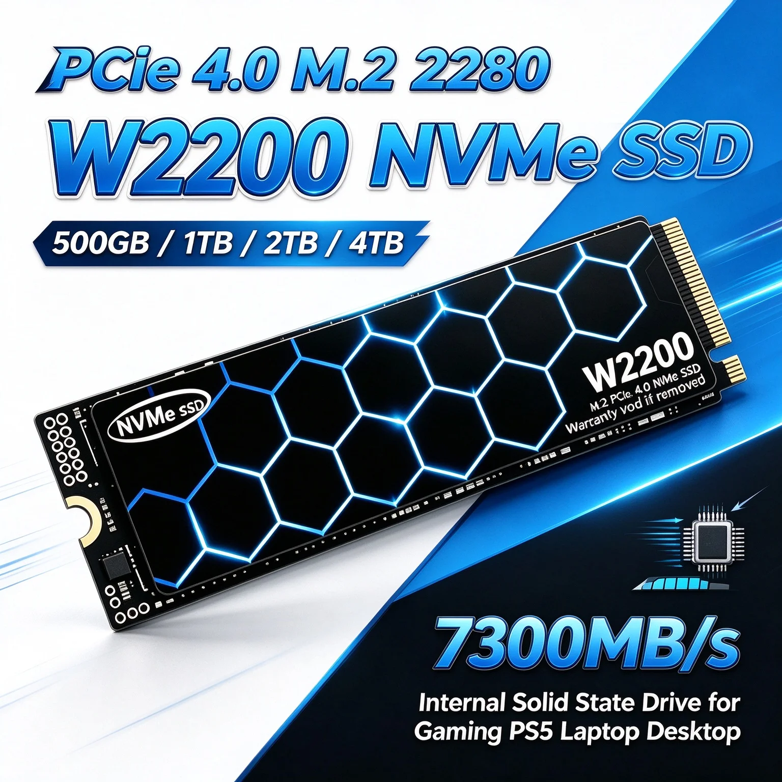 W2200 NVMe SSD PCIe 4.0 M.2 2280 7300MB/s Launch Games in Seconds Internal Drive for Desktop Laptop 4TB High Speed Storage