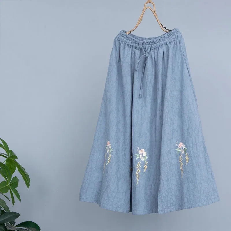 Vintage Casual Solid Embroidery Spliced Loose Skirt Summer Women\'s Clothing Fashion All-match Elastic High Waist A-Line Skirts