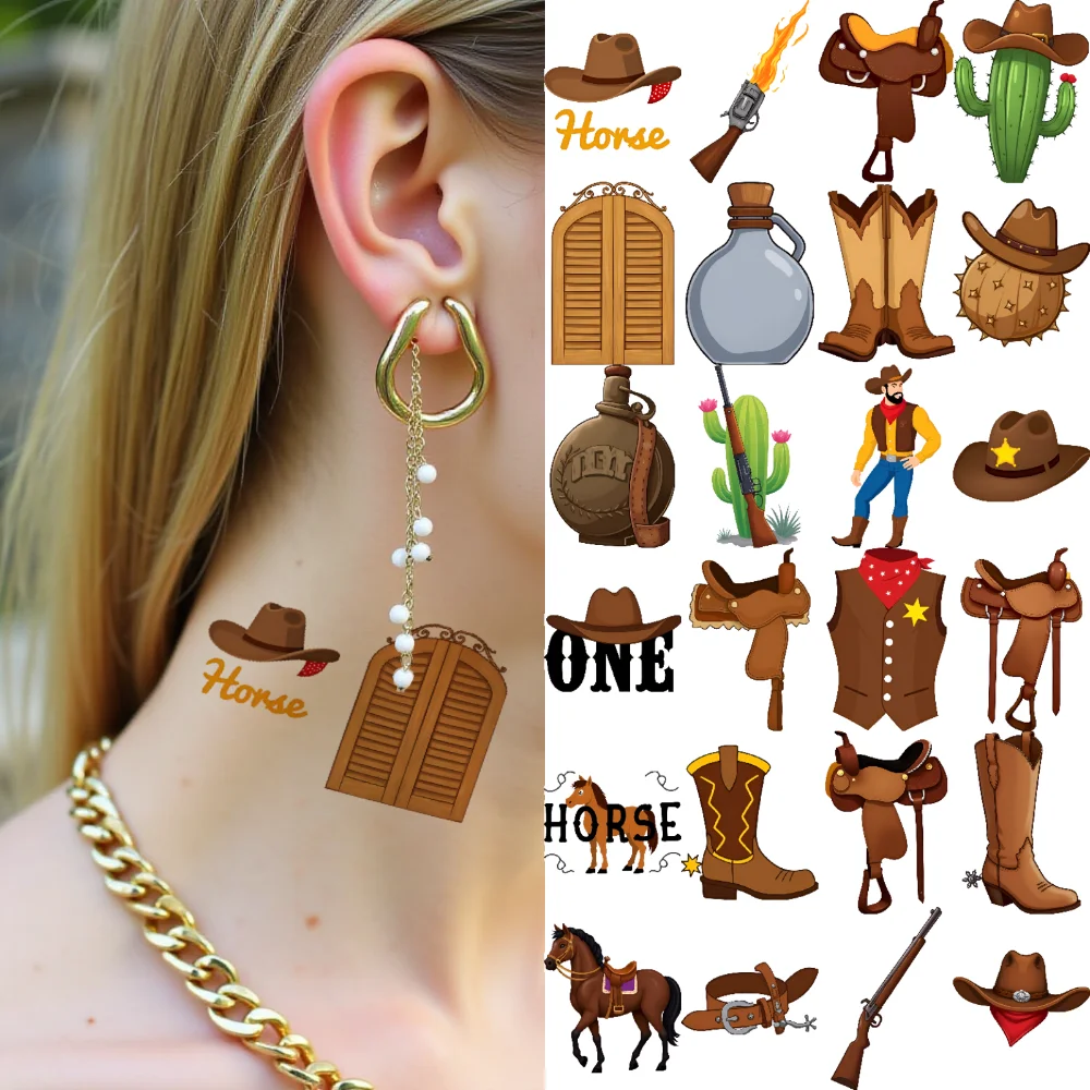 

63pcs Temporary Tattoo Star Badge Waterproof Long-lasting Body Stickers Cowboy Hat Cactus Temporary Tattoo Stickers Revolver For