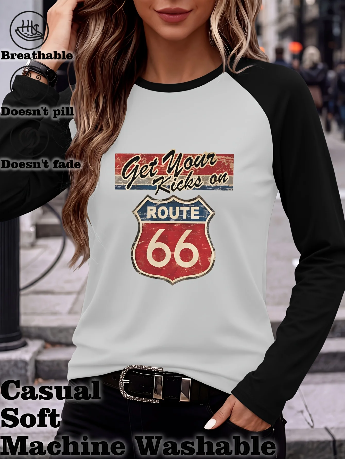 Retro Route 66 Red Shield Graphic Raglan Long Sleeve T-Shirt Casual Country Western Baseball Tops for All Seasons Clothes Female
