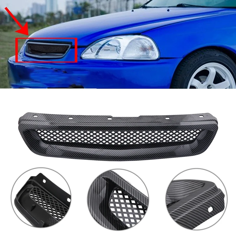 AL21 -Car Carbon Fiber Mesh ABS Front Hood Grille Grill For 96-98 Honda Civic EJ/EK JDM Type R