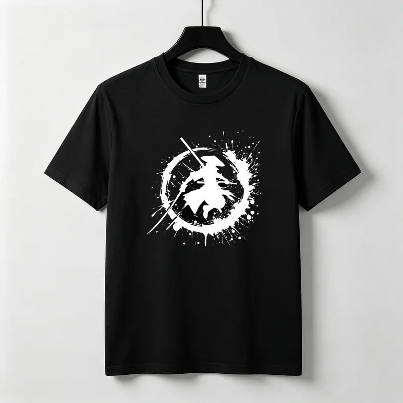Samurai Ink Splash Warrior Silhouette Katana Brush Circle Enso Action Pose Minimalist Japanese Print Cotton Unisex T-Shirt Tops