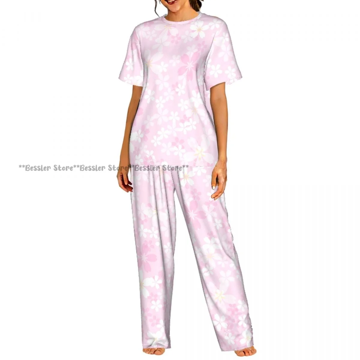 

Women's Cherry Blossom Pink Spring Flowers short sleeve trousers casual pajamas set