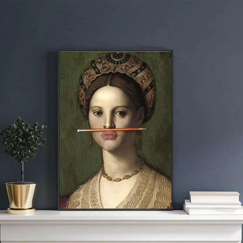 Vintage Famous Paintings Pencil On Woman Nose Abstract Canvas Painting Wall Art Poster Prints Picture for Living Room Home Decor