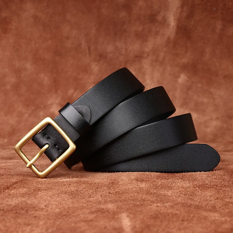 Genuine Leather Women's Belt Western Cowboy Style Pure Copper Button Versatile Fashion Accessory for Jeans