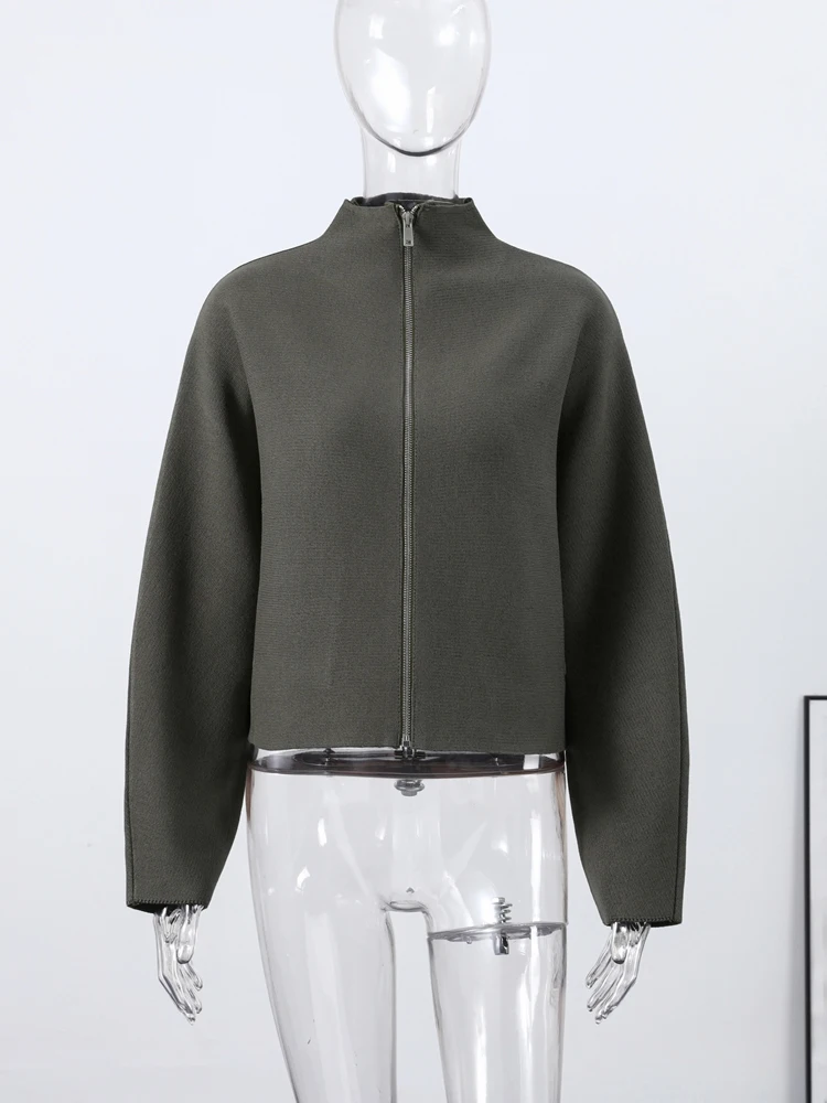 Y2K stojáček na zip pletená bomber bunda dámská elegantní dlouhý rukáv kabát dámská high street chic 2026 jaro dámské svrchní oblečení - náhled 4