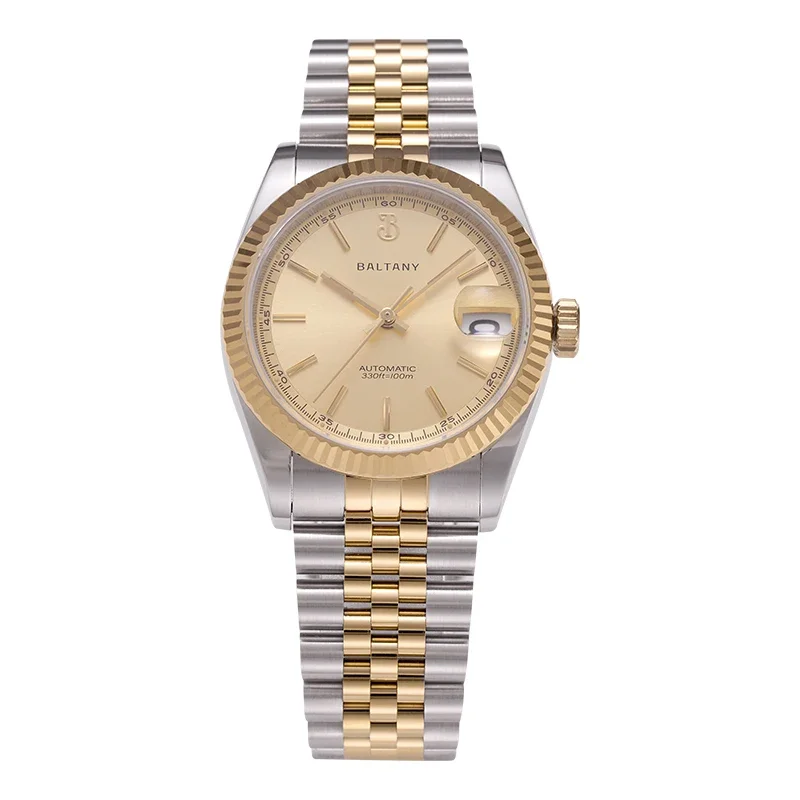 Baltany 36mm watch Gold Retro NH35 Automatic Wristwatch Fluted Bezel Vintage  Luminous Date Bracelet Dress Watch Men