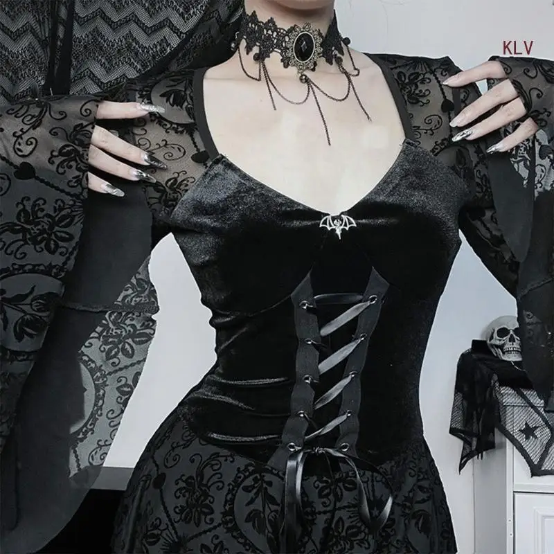 สไตล์สีดำ Draped Bodycon ชุดเดรสแขนยาวสไตล์โกธิคเดรสแฟชั่นวินเทจกระโปรงยาว Belled Sleeve Design 6XDA