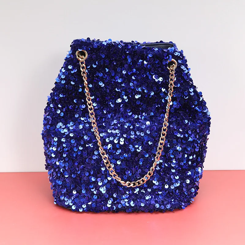 

Sparkly Sequins Bucket Tote Bags for Women 2024 Large Capacity PU Leather Evening Party Handbags Chain Shoulder Messenger Bags