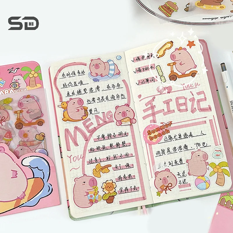 Pegatinas esmeriladas Kawaii Capybara, decoración de diario de dibujos animados, álbum de recortes, diario, papelería estética, escuela, 4 hojas