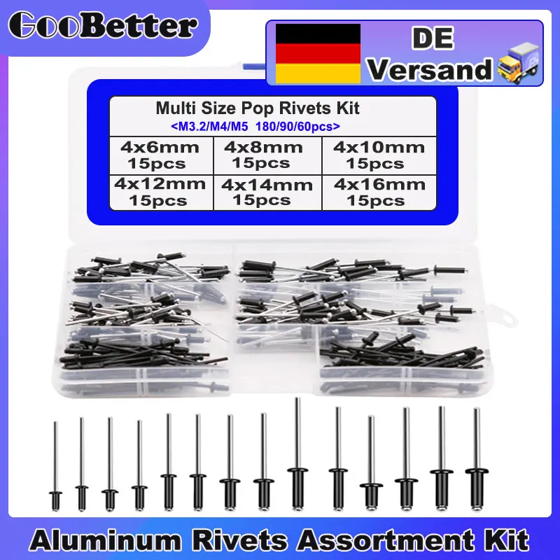 

60/90/180Pcs Aluminium Blind Rivet Set M3.2 M4 M5 Riveter Black Dome Head Pop Rivets Assortment Kit for Furniture Repair Tool