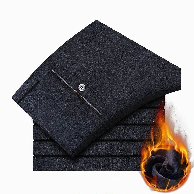 

Plus Size Winter Fleece Warm Mens Casual Pants Business Office Elastic Straight Classic Velvet Trousers Thicken Male Suit Pants
